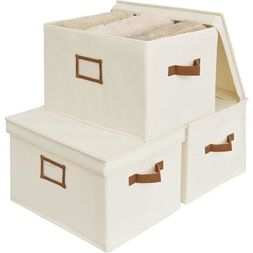 StorageWorks 32L Decorative Storage Bins for Closet, Storage Baskets with Lids and Strong PU Handles, Hand Wash, Canvas, Ivory White, Jumbo, 3-Pack