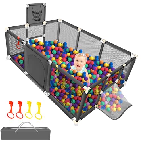 Large Playpen for Babies and Toddlers - Baby Ball Pit Sturdy Play Pen/Yard W/Basketball Hoop, Children's Fence Play Area, Indoor Outdoor Kids Activity Center, Infant Safety Gates (No Ocean Balls)