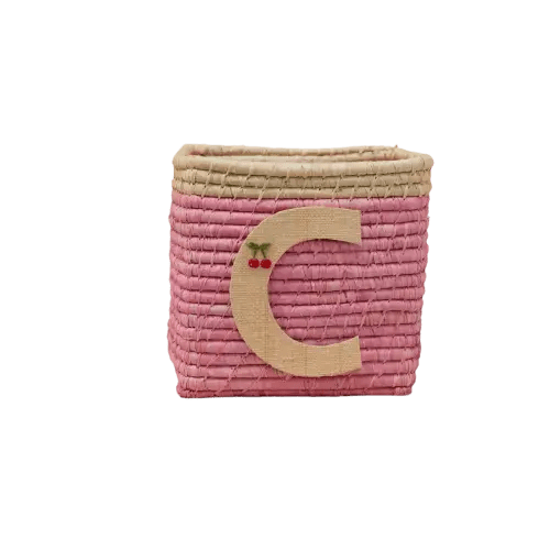 Raffia Basket in Soft Pink in Nature Border with One Raffia Letter - C – Rice By Rice