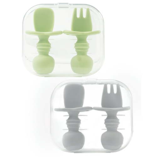 4 Pcs Baby Spoons Self Feeding 6 Months, Silicone Baby Spoons First Stage and Baby Fork, Toddler Utensils for Baby Led Weaning with 2 Cases (Green, Grey)