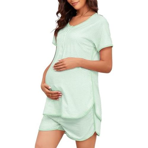 Stripe Maternity Nursing Pajamas Sets Womens Button Down Pregnancy Pjs Sets Soft Two Piece Pregnant Loungewear Sets