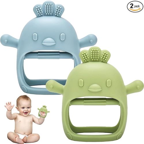 Baby Teething Toys, 2 Pack Teether for Baby, Silicone Mitten Glove Teether for Sucking Needs, Baby Teethers Toys 0-3-6-12 Months, Hand Pacifier Chew Toys for Teething Pain Relief (Blue/Green)