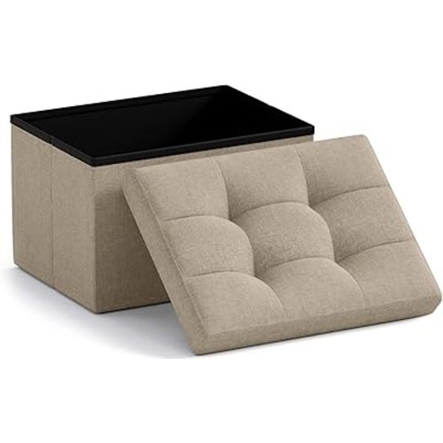 Ornavo Home Small Storage Ottoman Foldable Collapsible Rectangle Linen Ottoman Foot Rest Stool Seat, for Living Room, Bedroom, Home Office, Dorm - 12 x 16 x 12, Taupe