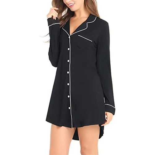 Cherrydew Nightgowns for Women Soft Bamboo Viscose Long Sleeve Nightshirts Button Boyfriend Sleep Shirts Sleepwear S-XXL