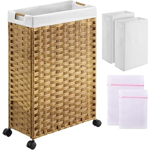 Greenstell Laundry Hamper with Wheels, 45L Slim Laundry Basket with 2 Removable Liner Bags & 2 Mesh Bags, Narrow Dirty Clothes Basket, Handwoven Rattan Organizer in Bathroom, Bedroom, Natural