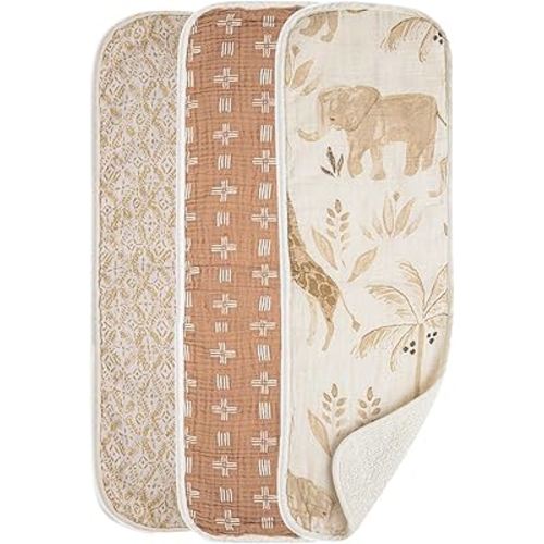 Crane Baby Muslin Baby Burp Cloths, Lightweight Absorbent Burp Cloth, Safari Animal, Set of 3, 7" x 20", Newborn Baby Essentials, Burp Cloths Baby Boy, Burp Cloths Baby Girl, Baby Newborn Essentials