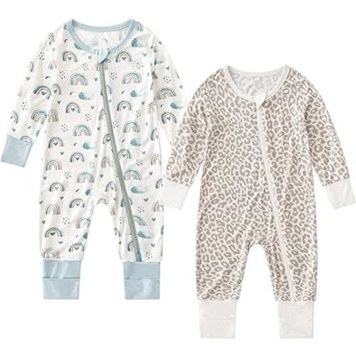OPAWO Viscose from Bamboo Baby Pajamas Girl 2pack Mittens Cuff 2 Way Zipper Soft Footless Sleeper Baby Boy One-Piece Romper