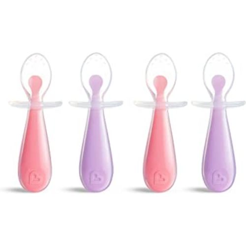 Munchkin® Silicone Scoop™ Trainer Spoons with Choke Guard for Baby Led Weaning, 4 Count, Pink/Purple