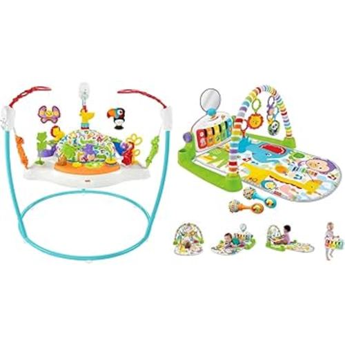 Fisher-Price Baby Bouncer Jumperoo with Music Lights Sounds and Playmat with Piano Gym Maracas 5 Linkable Toys