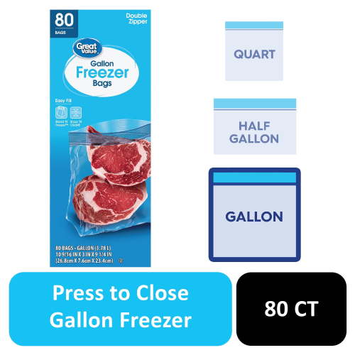 Great Value Freezer Guard Double Zipper Gallon Freezer Bags 80 Count, Food Storage, Freezing