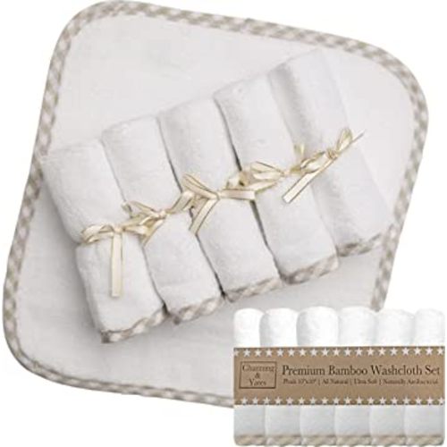 Channing & Yates Organic Baby Washcloth Set Premium Boutique- (6 Pack Wash Cloth) - Softest Face Towels or Washcloths for Eczema - Child or Adult Essentials for Bath (Beige/White)
