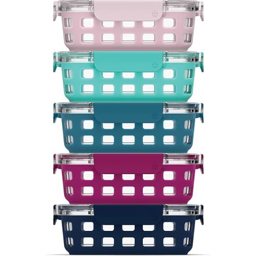 Ello Duraglass 3.4 Cup Meal Prep Sets 10Pc, 5 Pack Set- Glass Food Storage Container with Silicone Sleeve and Airtight BPA-Free Plastic Lids, Dishwasher, Microwave, and Freezer Safe, Evening Orchard