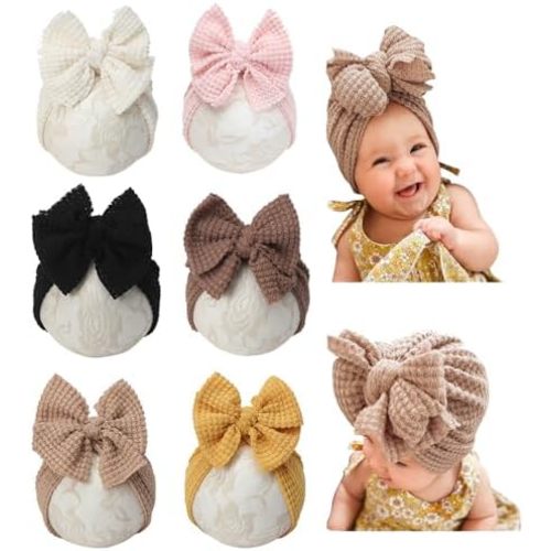 Baby Girls Hair Bow Turban Hat 6PCS Set, Top Bowknot Head Wrap Beanie India Caps for Infant Toddlers