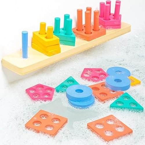 Tub Works® Splash, Stack & Sort™ Shape Sorter & Stacking Toddler Bath Toy | 20 Foam Pieces | Color Sorting & Shape Stacking Kids Bath Toys | Floats & Sticks to Tub Walls | Early Learning Bathtub Toys