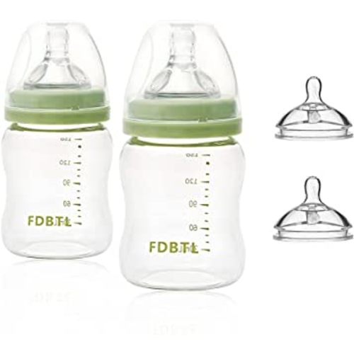 Baby Bottle Glass Wide Neck, Closer to Breastfeeding, Slow Flow Nipple, Anti-Colic, 4 Ounce, 2 Count
