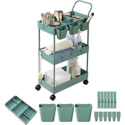 Danpinera 3 Tier Bathroom Cart Organizer - Slim Laundry Cart with Wheels, Dividers, Hanging Cups, Hooks, Easy Assembly, Green