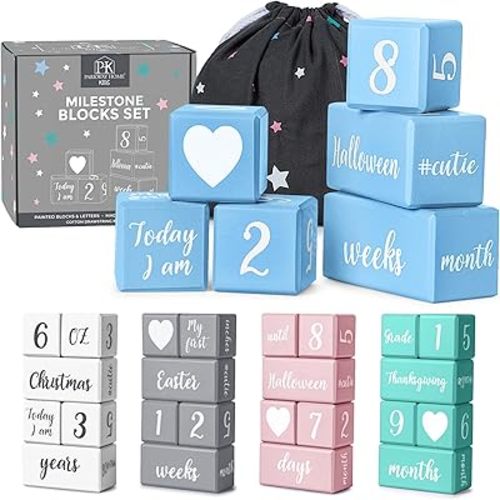 Blue Baby Monthly Milestone Blocks. Baby Age Blocks for Girl or Boy Baby Photo Props and Baby Shower. Month Baby Milestone Blocks with Grammatically Correct Month and Year