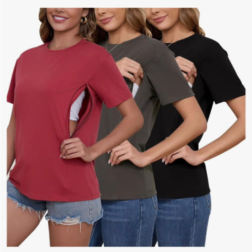 Ecavus Women's 3-Pack Nursing Shirts for Breastfeeding with Hidden Zippers Loose Fit Maternity Tops
