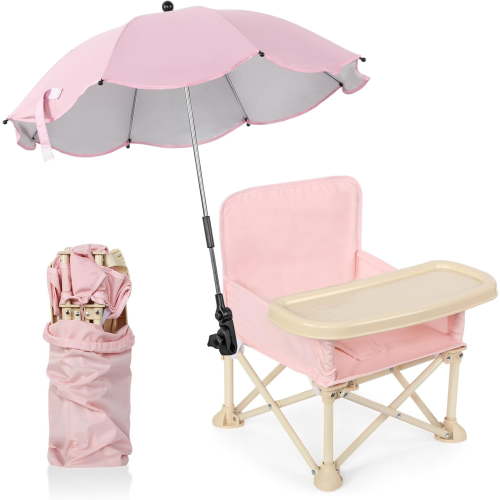 Baby Outdoor Beach Chair with Umbrella - Travel Booster Seat w/Tray, Foldable, Storage Bag, Backrest Pocket, for Dining/Camping, Pink