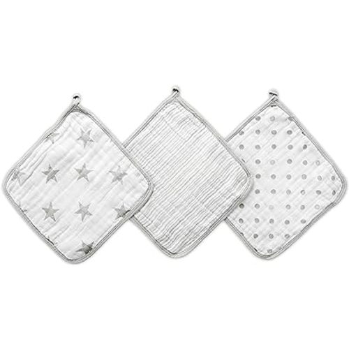 aden + anais Essentials Washcloth Set, Super Soft 100% Cotton Muslin, 3-Pack, Dusty Gray Stars