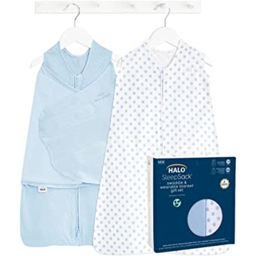 HALO Sleepsack Swaddle 3-6 Months and Wearable Blanket 6-12 Months 100% Organic Cotton 2-Piece Gift Set with Box, TOG 1.5, Chambray