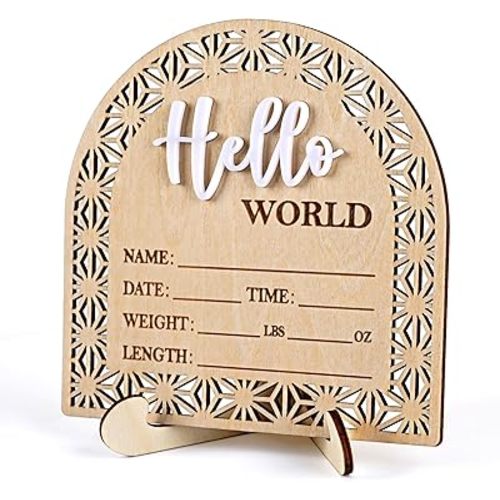 Bleed Proof Engineered Wood, 5.5 Inch Wooden Birth Announcement Sign with Easel Stand, 3D Arcylic Hello Sign, Newborn Announcement Plaque for Girl Boy Photo Prop Baby Shower Nursery Hospital - Birch