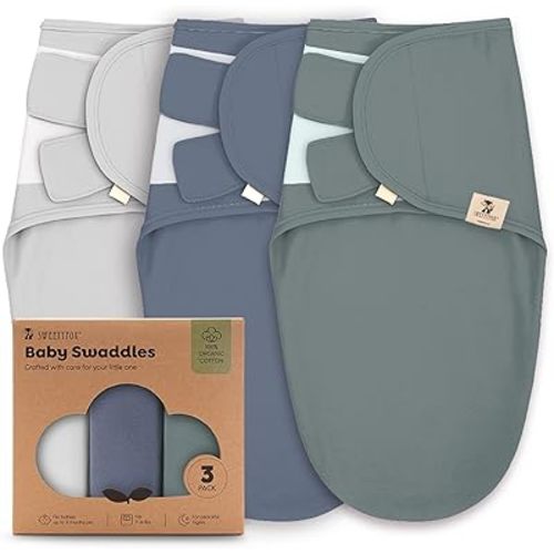 Sweety Fox 3-Pack Organic Baby Swaddle Sleep Sacks - Swaddles for Newborns,Infant 0-3 Months,Baby Girls, Boys, Soft & Snug Newborn Sleep Sack, Nursery Swaddling Blankets, Velcro Closure (Grey Nomadic)