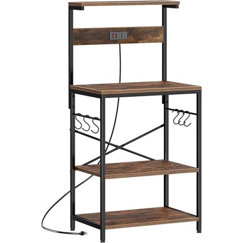 SUPERJARE Kitchen Bakers Rack with Power Outlet, Coffee Bar Table 4 Tiers, Kitchen Microwave Stand with 6 S-shaped Hooks, Storage Shelf Rack for Spices, Pots and Pans - Rustic Brown