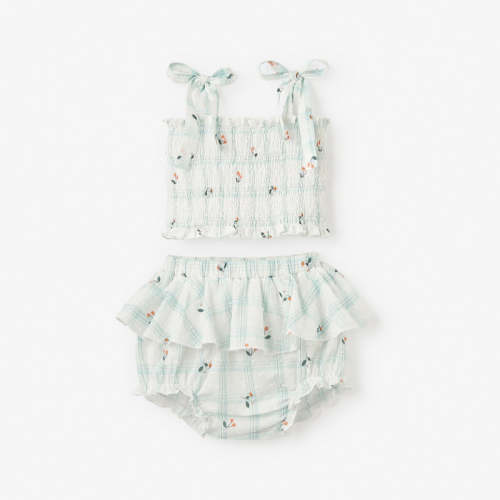 Strawberry Picnic Smocked Tie Top w/ Bloomer AQUA / 3-6M