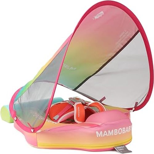 Mambobaby Float Add Tail Baby/Infant Swim Float with Canopy, Non-Inflatable Solid Upgrade Soft Waterproof Skin-Friendly Leather Material (Deluxe Edition Rainbow)
