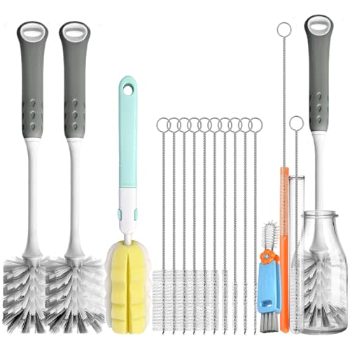 Bottle Brush Cleaner Set for Bottles, Cups and Straws Cleaning, 14 Pack | Long Handle Bottle Brushes | Sponge Brush | 3-in-1 Lid Cup Cleaning Brush | Straw Brushes in Assorted Diameters
