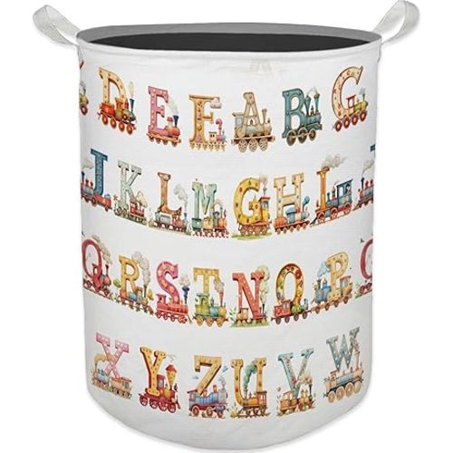 Kids Nursery Laundry Basket, Toybox for Girls Boys, Alphabets Trains Transportation Laundry Basket Hamper Waterproof Collapsible Storage Bin Organizer for Bedroom Bathroom Kids Room Clothes Toys