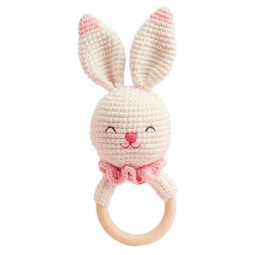 Chippi & Co Wooden Crochet Baby Rattle, Crochet Baby Toys Stuffed Animals Easter Gifts for Kids, Newborn Toys, Easter Basket Stuffers, Basket Filler, Cute Bunny Decor (Olive The Cheerful Bunny)
