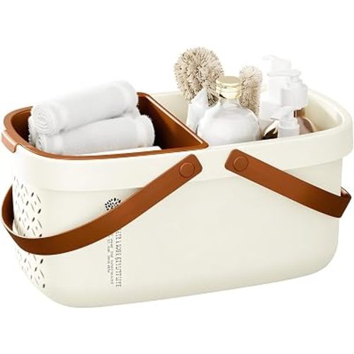 Pulseplay Plastic Shower Caddy Basket with Handle Portable Bath Tote Basket Bin for Bathroom Kitchen College Dorm Gym(Cream)