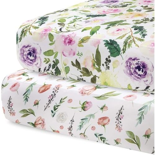 Pobibaby - 2 Pack Premium Fitted Baby Girl Crib Sheets for Standard Crib Mattress - Ultra-Soft Cotton Blend, Safe and Snug, and Stylish Floral Crib Sheet (Allure)