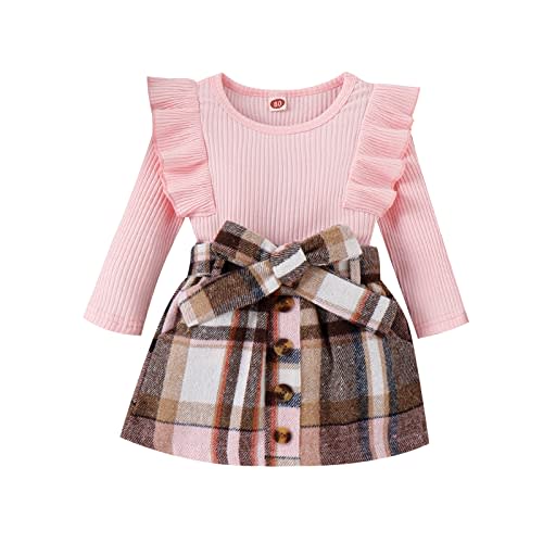 fhutpw Baby Toddler Girl Outfits Fall Winter Clothes Turtleneck Knitted Cotton Long Sleeves Tops & Button Mini Skirts Set