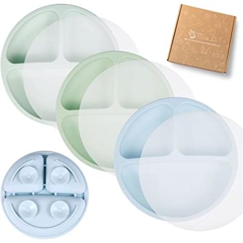 Mia Li Suction Plates for Baby – Set of 3 Toddler Plates with Suction – Cute and Colorful Silicone Plates for Weaning – Ideal for Baby Feeding, Food Storage (Cloud, Sage & Stone With Lids)