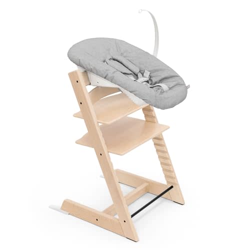 Stokke Tripp Trapp Chair (Natural) + Tripp Trapp Newborn Set (Grey) - Cozy, Safe & Simple to Use - for Newborns Up to 20 lbs