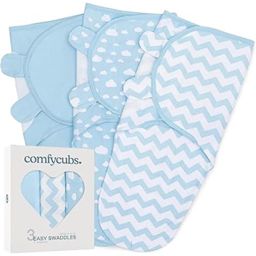 Comfy Cubs Easy Swaddle Blanket, 3 Pack - 100% Cotton Newborn Wrap, Large for 3-6 Months Infants, with Adjustable Velcro, Breathable and Durable Sleep Sack for Babies - Blue