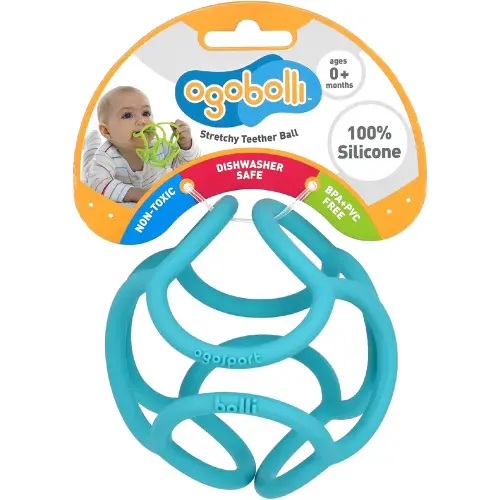OgoBolli Teether Ring Tactile Sensory Ball Toy for Babies & Toddlers - Stretchy, Squishy, Soft, Non-Toxic Silicone - Boys and Girls Age 6+ Months - Blue