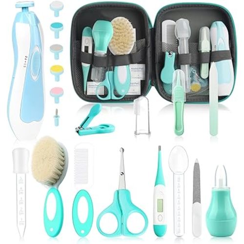 Baby Grooming Kit, Electric Safety Nail Trimmer Baby Nursery Kit,Infant Safety Care Set with Hair Brush Comb Nail Clipper Nasal Aspirator,Baby Essentials Kit for Newborn Girls Boys (25 Pc Green Kit)