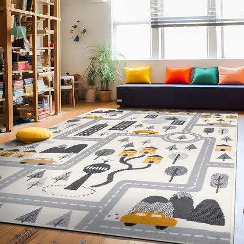 Rugshop Kids Play Road Rug for Playroom,Kidsoom,Nursery Room Interactive Cityscape for Cars and Toys Indoor Soft Area Rug 5' x 7' Cream