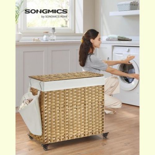 SONGMICS Laundry Hamper with Lid, 37 Gallons (140 L), Rolling Laundry Basket with Wheels, 3-Section Synthetic Rattan, Removable Liner, Natural