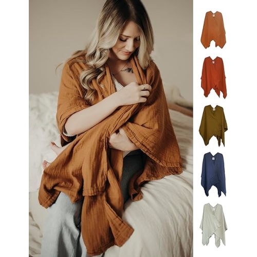 Indi by Kishu Baby GOTS Organic Muslin Nursing Cover Up for Breastfeeding, Breathable Nursing Shawl, Scarf, Privacy Nursing Cover for Breastfeeding Moms (Caramel)
