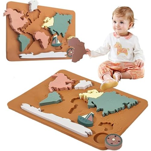 Silicone Toddlers World Map Puzzle, Baby Soft Silicone World Puzzle Toys for Toddlers, Learning Toy Board for Kids Educational Learning, Improve Children's Understanding of The Country…