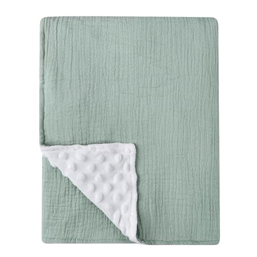 Hooyax Muslin Baby Blanket for Boys Girls, Soft Nursery Blankets with Muslin Cotton Front and Dotted Fleece Backing Double Layer Warm Receiving Quilt Blankets for Newborn,30'' x 40'', Green
