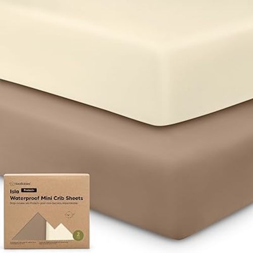 2-Pack Waterproof Pack and Play Sheets, Mini Crib Sheets Fitted for Boy, Girl - Viscose From Bamboo Pack N Play Sheets for Graco Pack and Play Mattress,Toddler Playard Baby Crib Sheets Neutral (Latte)