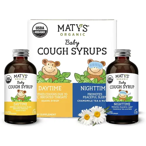 Matys Organic Baby Cough Syrup Day & Night Value Pack For Babies & Infants 3 Months + Up, Soothing Daytime & Nighttime Cough Relief, Made with Agave Syrup, Melatonin & Dye Free, 2 Pack, 2 Fl Oz Each