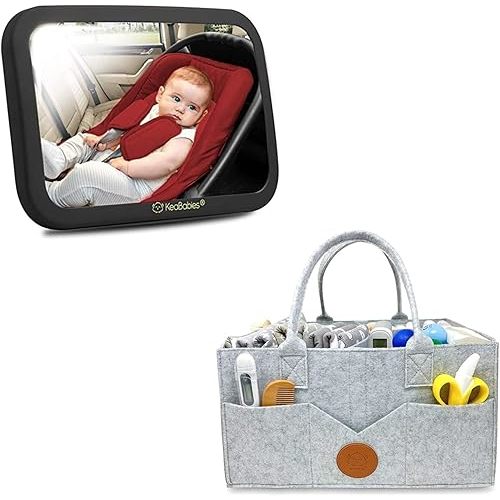 Large Shatterproof Baby Car Mirror and Baby Diaper Caddy Organizer Bundle - Travel Essentials