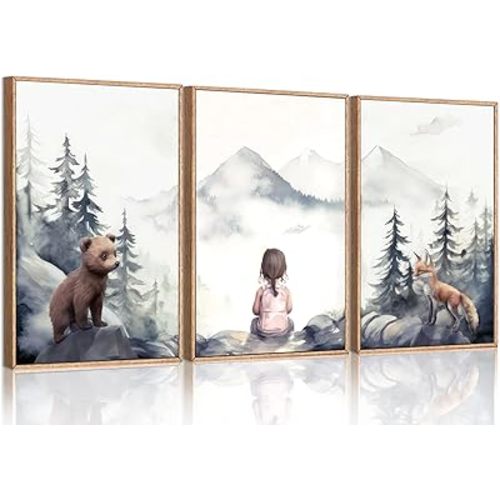 3Pcs Girls Adventure Nursery Wall Art Woodland Animals Bear & Fox Wall Decor Picture Watercolor Mountain Kids Canvas Posters Prints for Girl Bedroom Classroom Baby Room Decoration Unframed